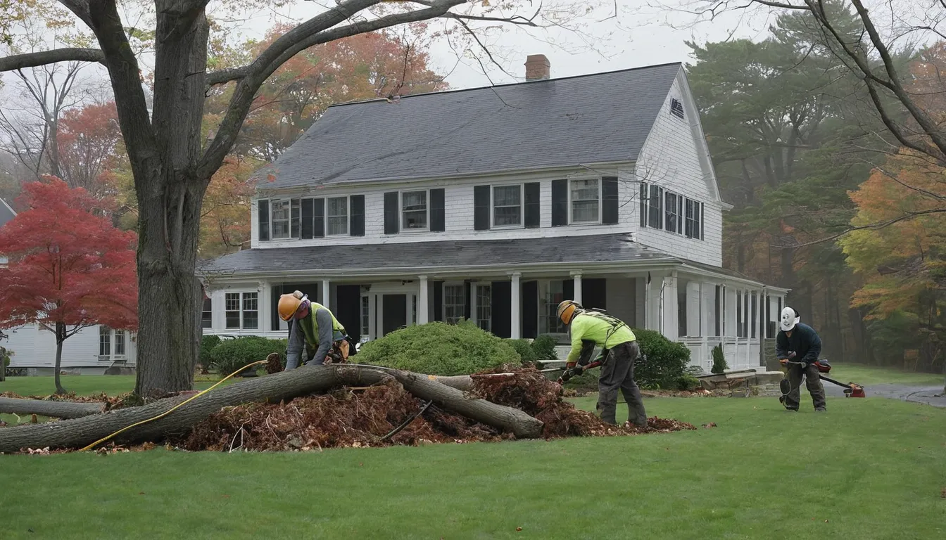 A local tree removal provider safely clearing a storm-fallen tree beside an older home in Nesquehoning