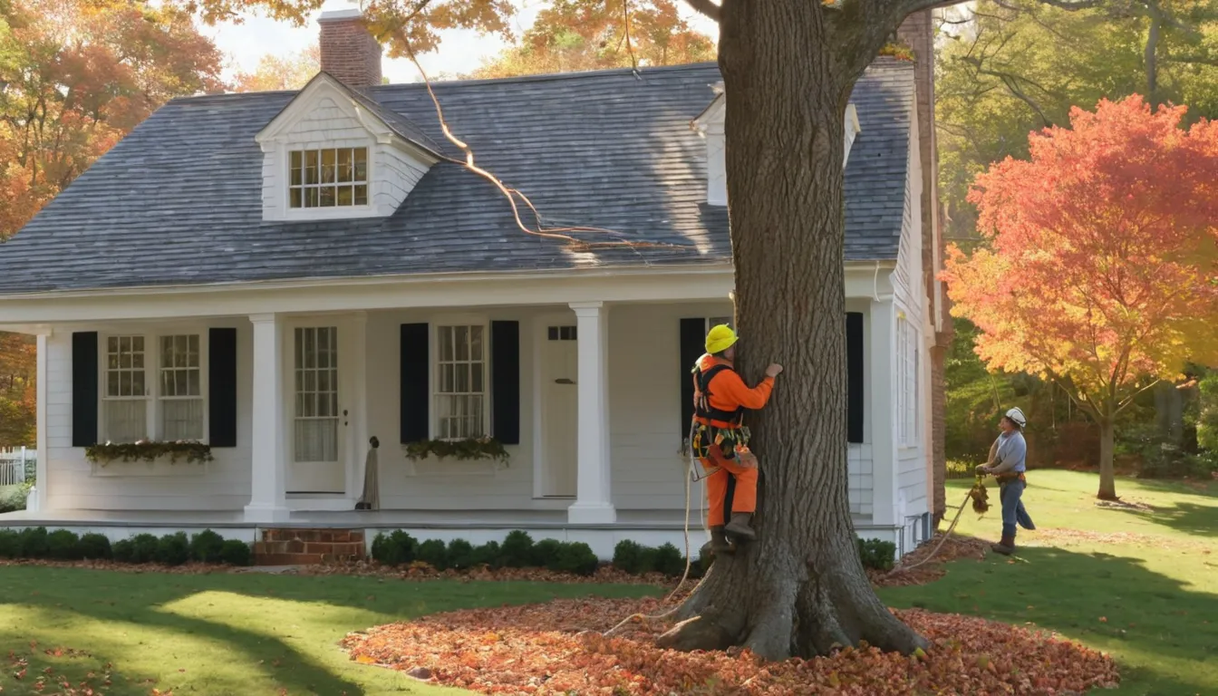 A local tree removal provider guiding a section of a large tree down beside an older home in Nesquehoning